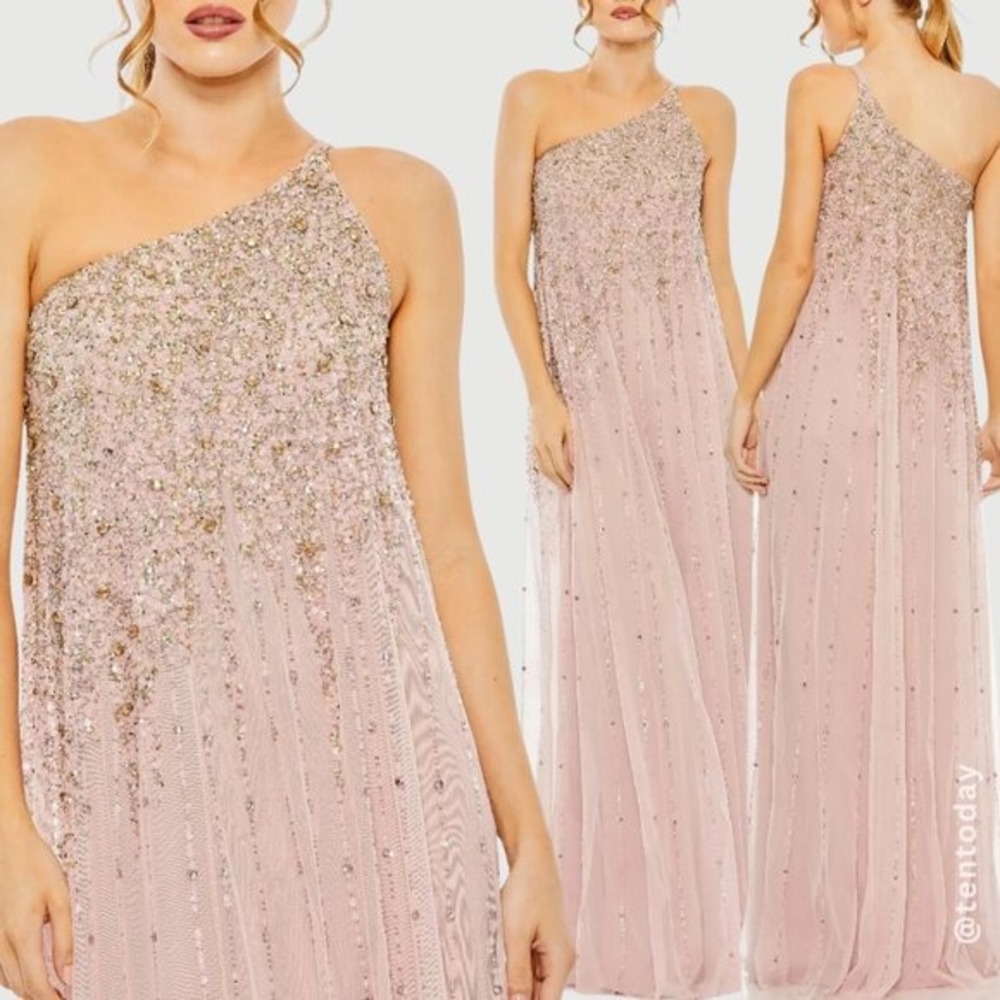 $598 Mac Duggal Size 8 Light Pink Gold One Shoulder Trapeze Long Gown Maxi Dress